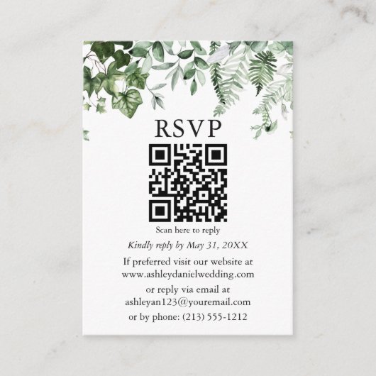 Carte D'accompagnement Aquarelle Ivy Ferns Sage Vert Mariage QR RSVP (Devant)