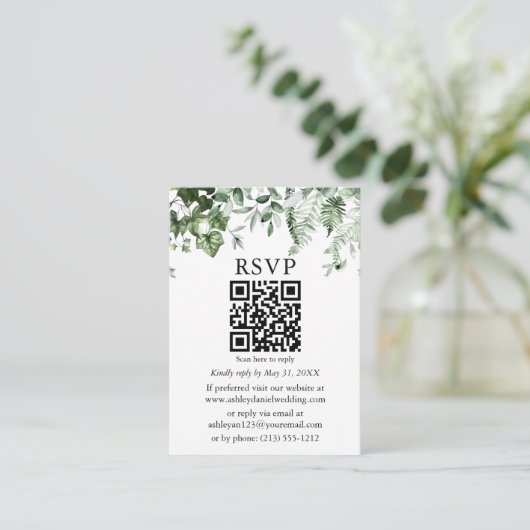 Carte D'accompagnement Aquarelle Lierre Sage Fermes Mariage vert QR RSVP (Debout devant)
