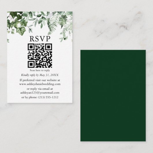 Carte D'accompagnement Aquarelle Lierre Sage Fermes Mariage vert QR RSVP (Devant / Derrière)
