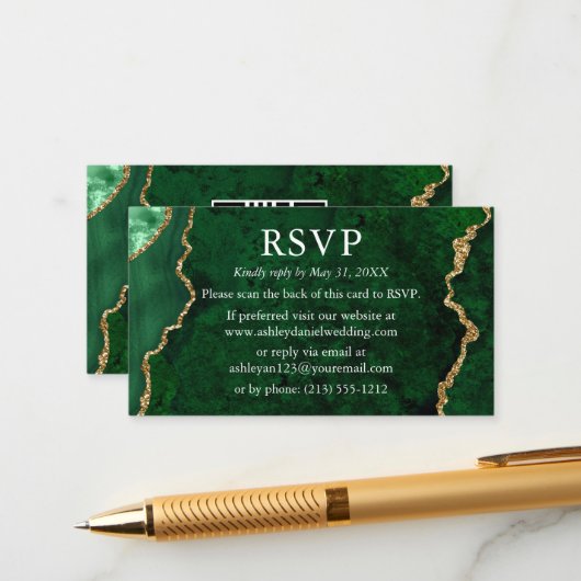 Carte D'accompagnement Aquarelle Marbre vert Mariage RSVP QR Retour (Devant/Arrière en situation)