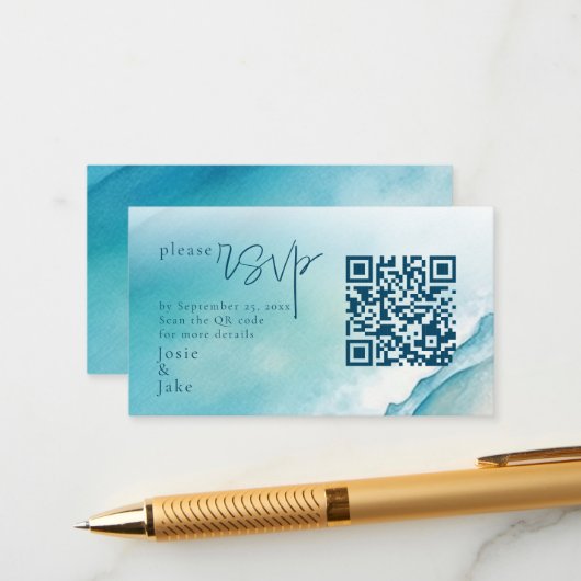 Carte D'accompagnement Aquarelle Mer et sable RSVP avec code QR (Devant/Arrière en situation)