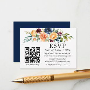 Carte D'accompagnement Aquarelle Mixte Floral QR Mariage Bleu RSVP