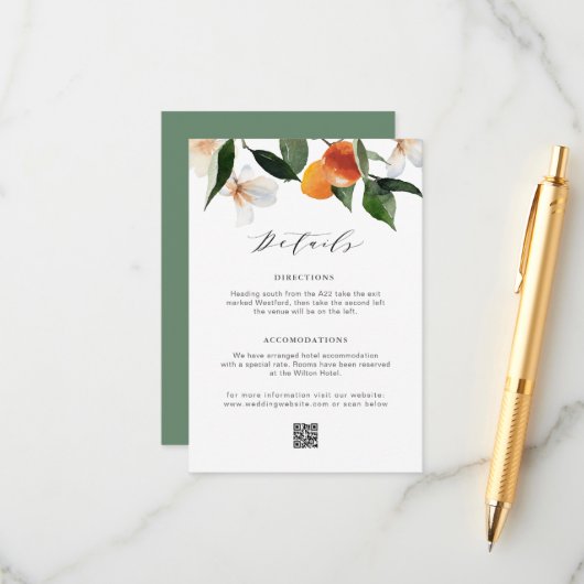 Carte D'accompagnement aquarelle moderne agrumes oranges détails mariage (Devant/Arrière en situation)