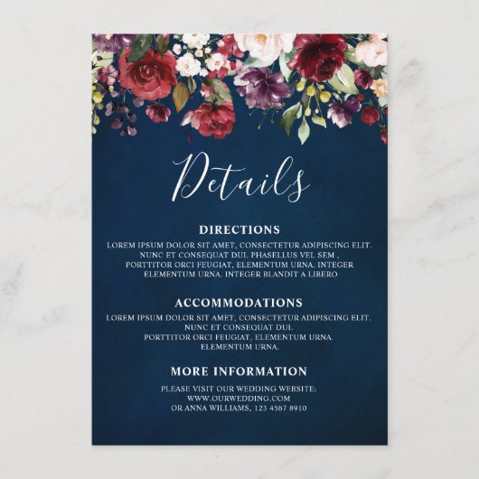 Carte D'accompagnement Aquarelle romantique Bourgogne Rouge Marine Floral (Devant)