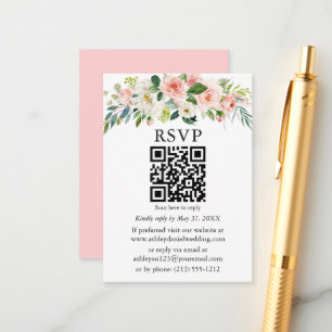 Carte D'accompagnement Aquarelle rose blanc Mariage Floral QR RSVP