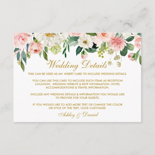 Carte D'accompagnement Aquarelle rose Blush Floral Mariage or (Devant)