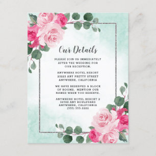 Carte D'accompagnement Aquarelle rose et argent Mariage floral