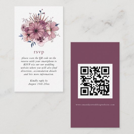 Carte D'accompagnement Aquarelle rose fleurs QR Code Mariage RSVP (Devant / Derrière)