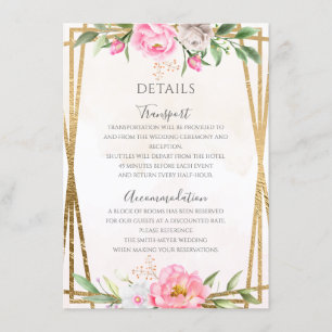 Carte D'accompagnement Aquarelle rose Floral Détails du Mariage géométriq