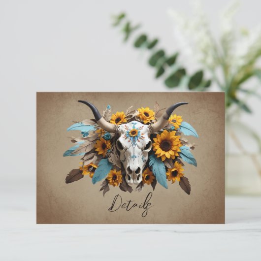 Carte D'accompagnement Aquarelle tournesol Vache Crâne Mariage QR code (Debout devant)
