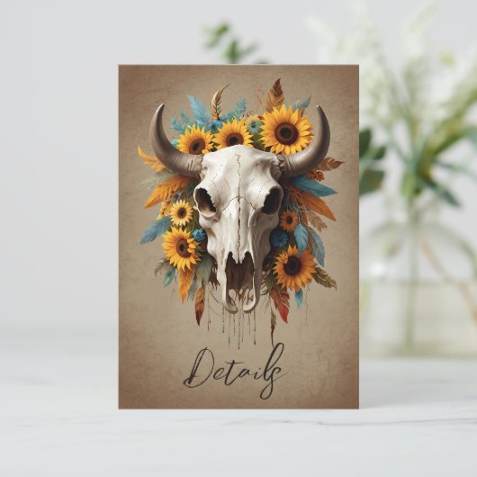 Carte D'accompagnement Aquarelle tournesol Vache Crâne Mariage QR code (Debout devant)
