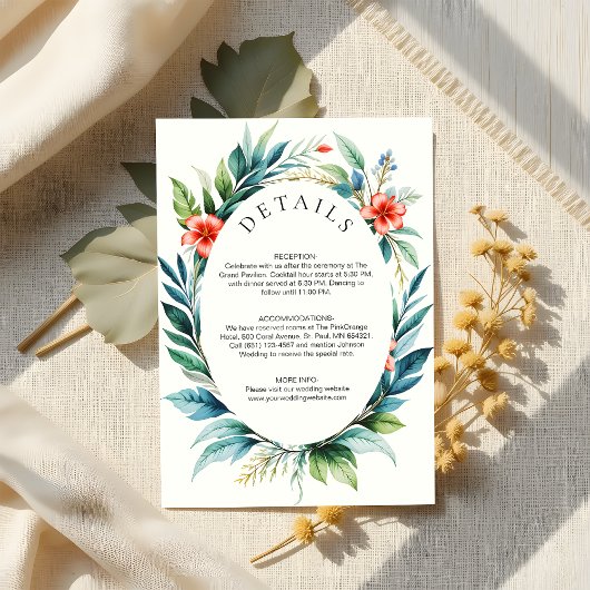 Carte D'accompagnement Aquarelle Tropical Greenery Wreath Mariage détails