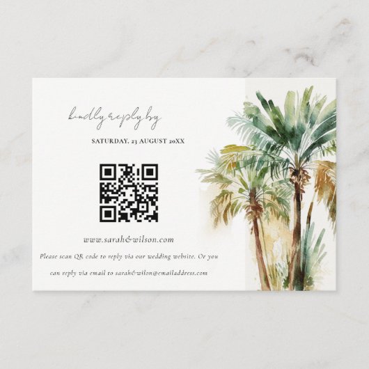 Carte D'accompagnement Aquarelle tropicale Palm Tree Mariage QR CODE RSVP (Devant)
