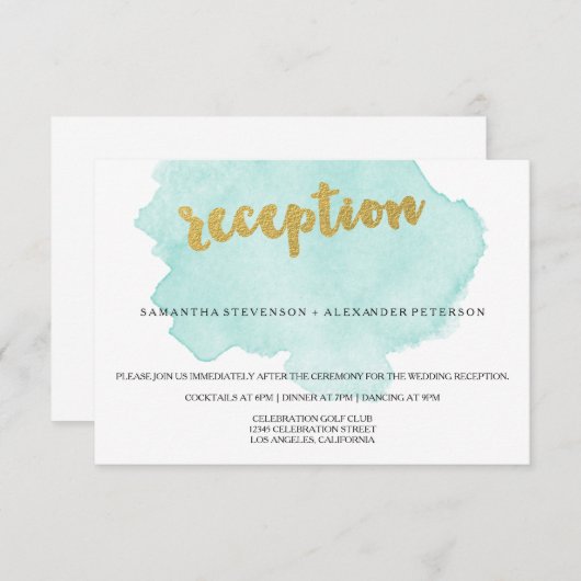 Carte D'accompagnement Aquarelle Turquoise et or Noir Accueil Mariage (Devant / Derrière)