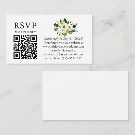 Carte D'accompagnement Aquarelle Vert Blanc Floral Mariage QR RSVP (Devant / Derrière)