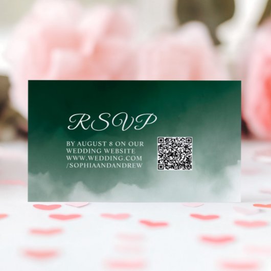 Carte D'accompagnement Aquarelle vert foncé Mariage moderne RSVP QR