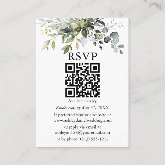 Carte D'accompagnement Aquarelle vert Mariage Sage vert QR RSVP (Devant)