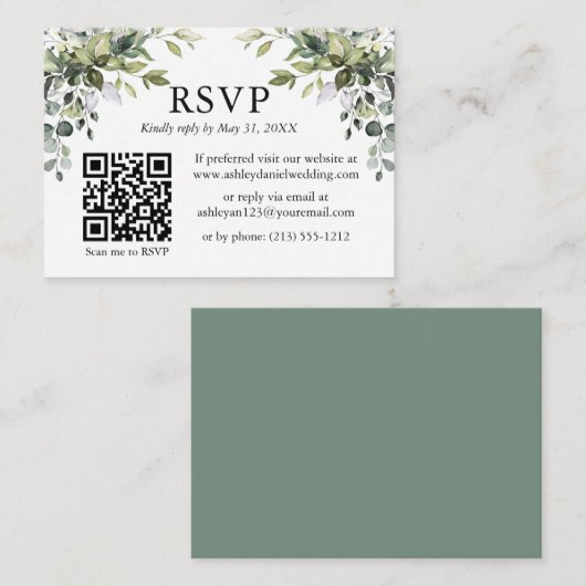 Carte D'accompagnement Aquarelle vert Mariage Sage vert RSVP QR (Devant / Derrière)