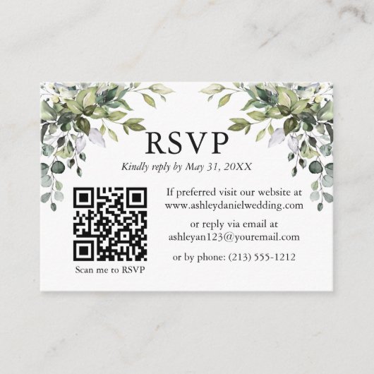 Carte D'accompagnement Aquarelle vert Mariage Sage vert RSVP QR (Devant)