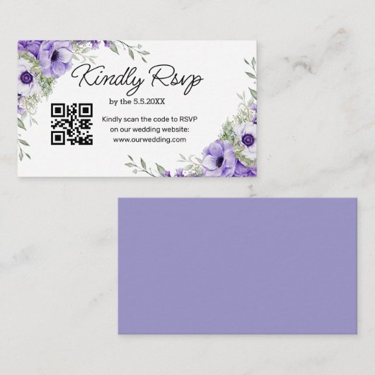 Carte D'accompagnement aquarelle violet fleuri rsvp mariage qr code (Devant / Derrière)