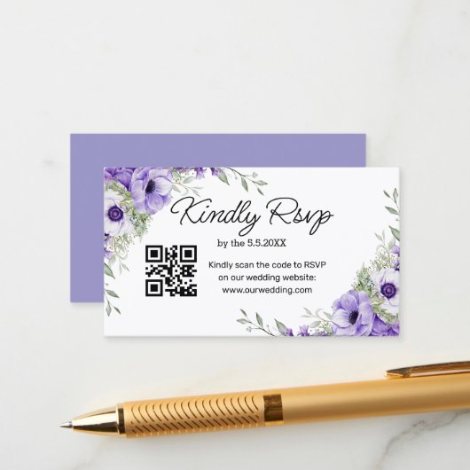 Carte D'accompagnement aquarelle violet fleuri rsvp mariage qr code (Devant/Arrière en situation)