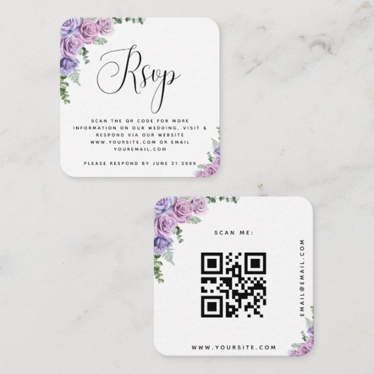 Carte D'accompagnement Aquarelle violet Rose Mariage QR Code RSVP Chic (Devant / Derrière)