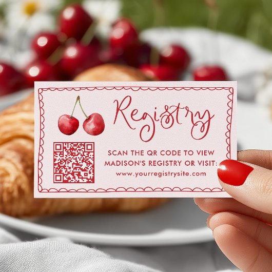 Carte D'accompagnement Aquarelle Whimsical Cherry Baby Registry Code QR