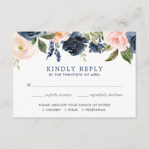 Carte D'accompagnement Aquarelles florale rose et bleu marine RSVP