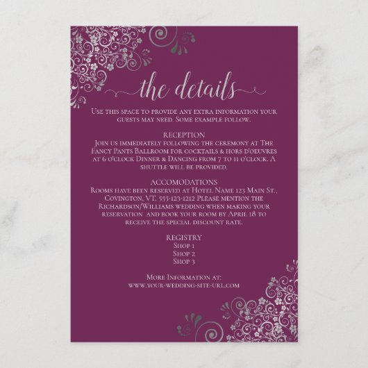 Carte D'accompagnement Argent Frills Chassis Purple Détails du Mariage (Devant)