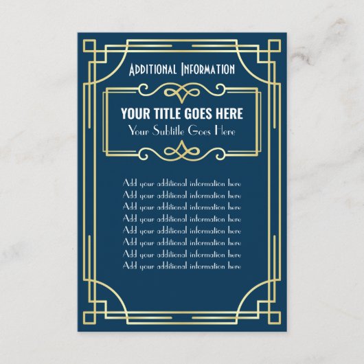 Carte D'accompagnement Art Déco Mariage Gold Blue Informations complément (Devant)