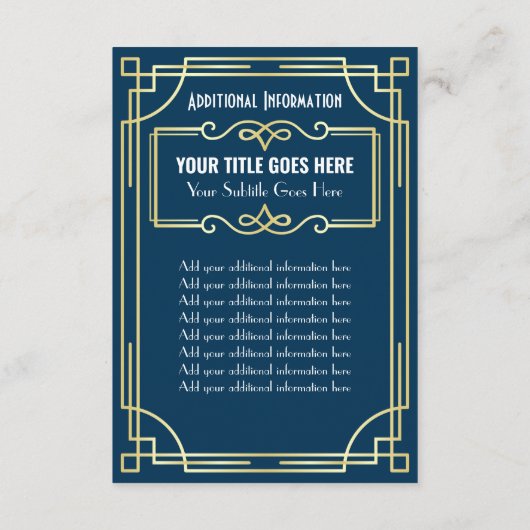 Carte D'accompagnement Art Déco Mariage Gold Blue Informations complément (Dos)