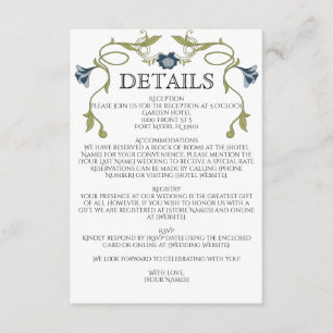 Carte D'accompagnement Art Nouveau Bleu Poussiéreux Fleurs Vertes Mariage