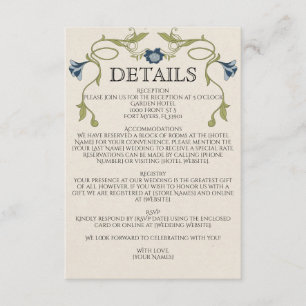 Carte D'accompagnement Art Nouveau Bleu Poussiéreux Fleurs Vertes Mariage