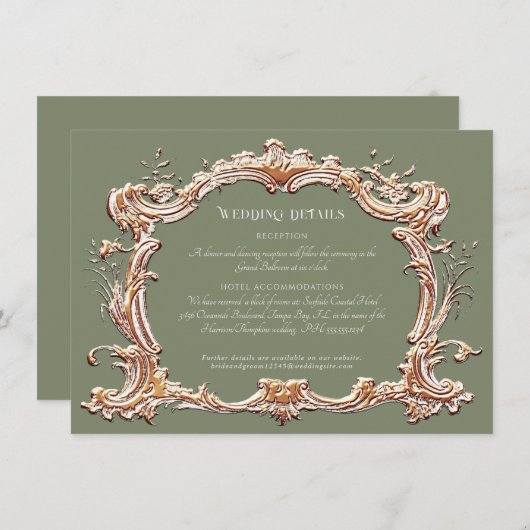 Carte D'accompagnement Art Nouveau Elegant Sage et Gold Mariage Détails (Devant / Derrière)