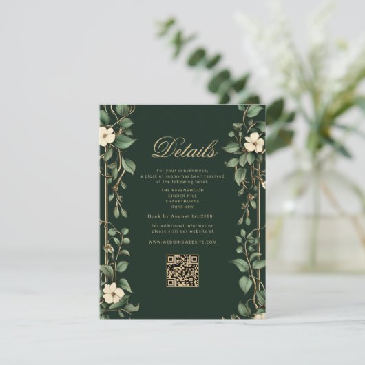 Carte D'accompagnement Art Nouveau Green and Gold Wedding QR Details (Debout devant)