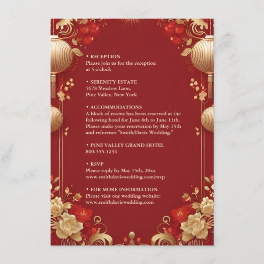 Carte D'accompagnement Asiatique Moderne Floral Chinois Mariage Bilingue (Devant)