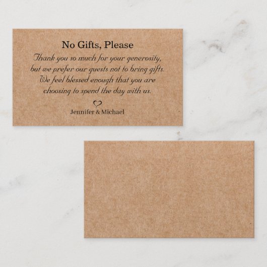 Carte D'accompagnement aucun cadeau s'il vous plaît, note cadeaux de mari (Devant / Derrière)