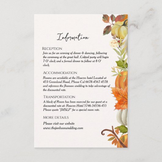 Carte D'accompagnement Automne automne Détails du mariage (Devant)