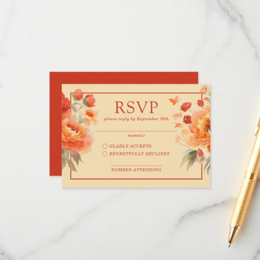Carte D'accompagnement Automne Burnt Orange Floral Wedding RSVP (Devant/Arrière en situation)
