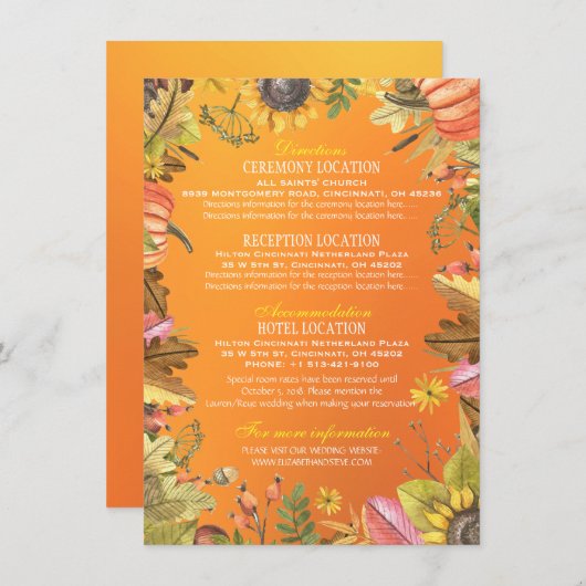 Carte D'accompagnement Automne Feuilles Mariage Citrouille Détails Inform (Devant / Derrière)