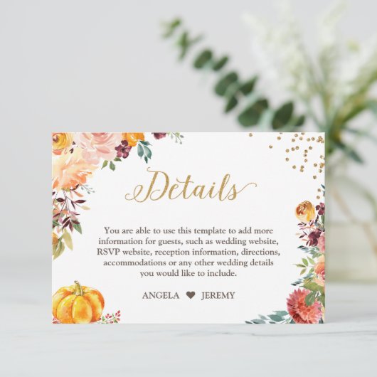 Carte D'accompagnement Automne Floral Citrouille Gold Détails Mariage (Debout devant)