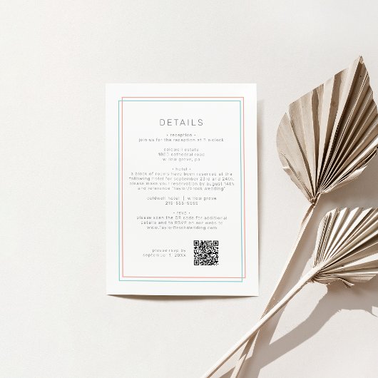 Carte D'accompagnement AVERA Modern Coral Turquoise QR Code Détails du Ma