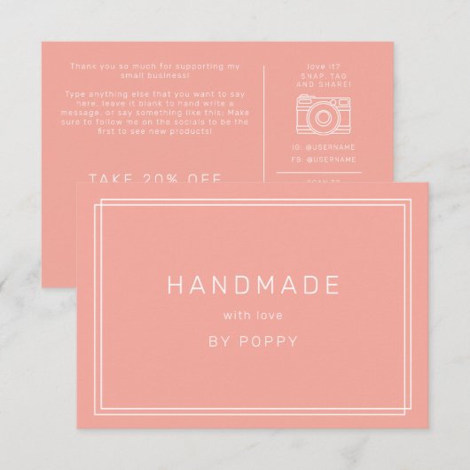 Carte D'accompagnement AVERY Minimal Blush Peach Remerciement Commande Fa (Devant / Derrière)