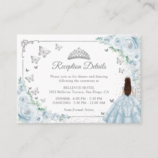 Carte D'accompagnement Baby Blue Silver Quincenarea Reception Details (Devant)
