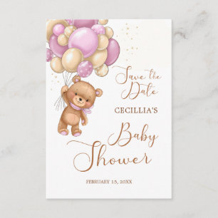 Carte D'accompagnement Baby shower Bear Pink Balloons Enregistrer la date