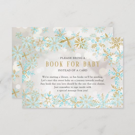 Carte D'accompagnement Baby shower Blue Gold Snowflake Livre pour la cart (Devant / Derrière)