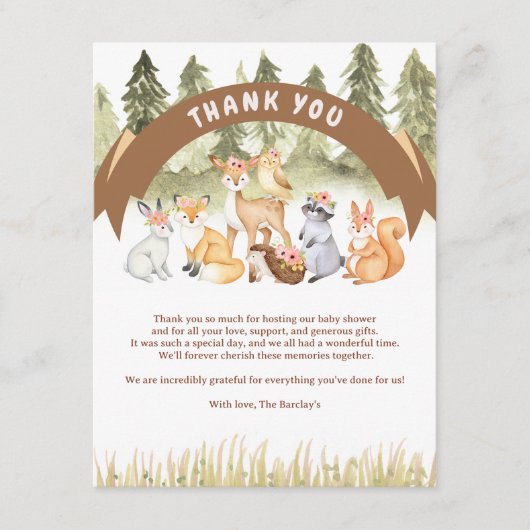 Carte D'accompagnement Baby shower Brown Et Vert Des Animaux De Bois (Devant)