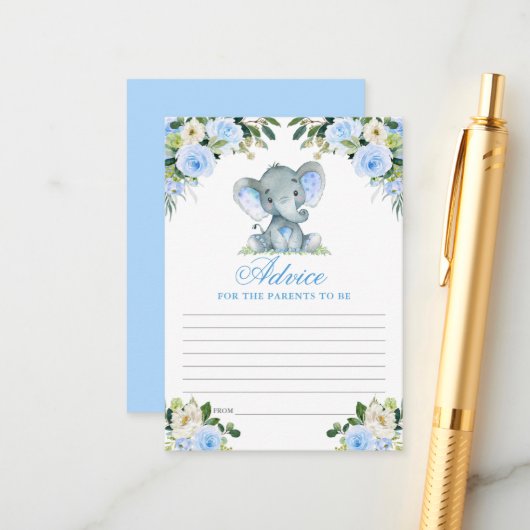 Carte D'accompagnement Baby shower Elephant Blue Floral Conseils (Devant/Arrière en situation)