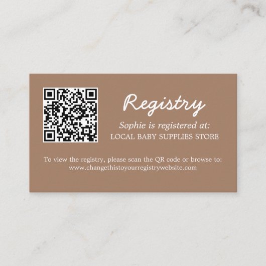 Carte D'accompagnement Baby shower Registre QR Code Gentle Brown (Devant)