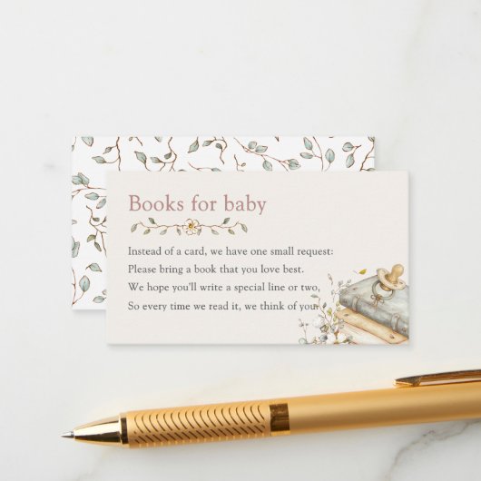 Carte D'accompagnement Baby Shower Rustic Botanical Books For Baby (Devant/Arrière en situation)